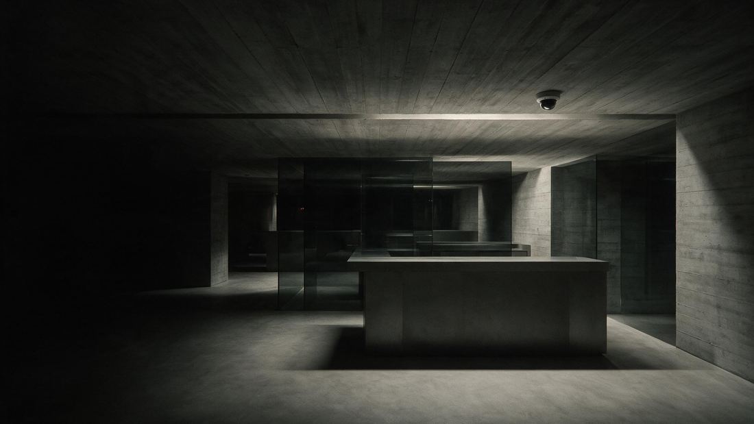Salón de atención en penumbra con una cámara domo discreta en el cielo raso.